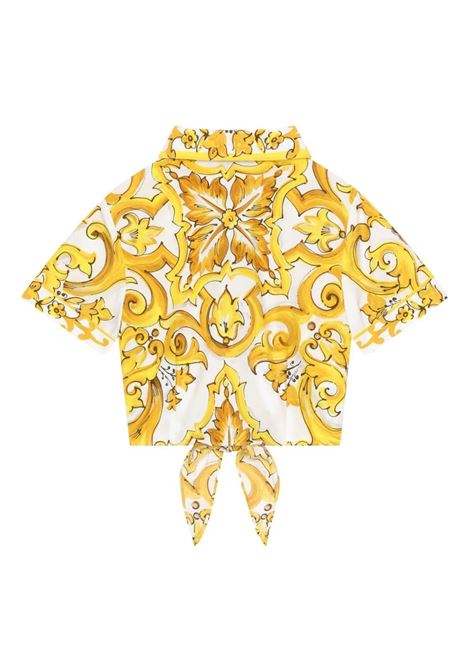 Camicia Crop Con Stampa Maiolica Gialla DOLCE & GABBANA KIDS | L54S05-G7KXPHG3TN
