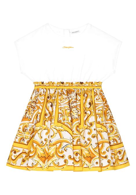 Jersey and Poplin Dress with Yellow Majolica Print DOLCE & GABBANA KIDS | L5JD9A-G7NRJS9000