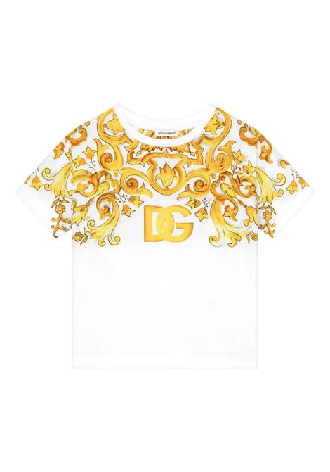 T-Shirt Bianca Con Stampa Maiolica Gialla e Logo DG DOLCE & GABBANA KIDS | L5JTNK-II7DSHG3TN