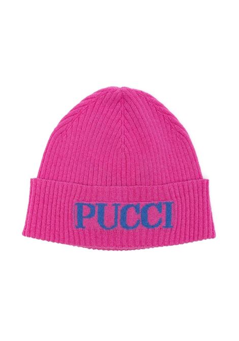 Fuchsia Ribbed Beanie With Light Blue Logo EMILIO PUCCI JUNIOR | PV0A87-Z2362543