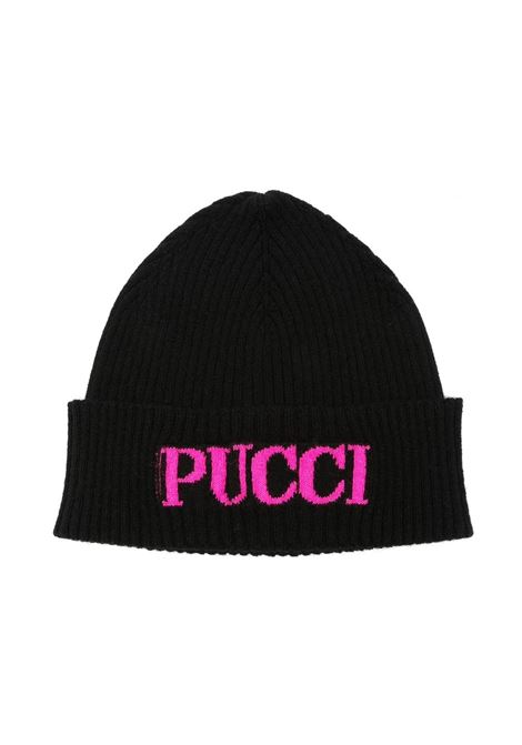 Black Ribbed Beanie With Fuchsia Logo EMILIO PUCCI JUNIOR | PV0A87-Z2362930