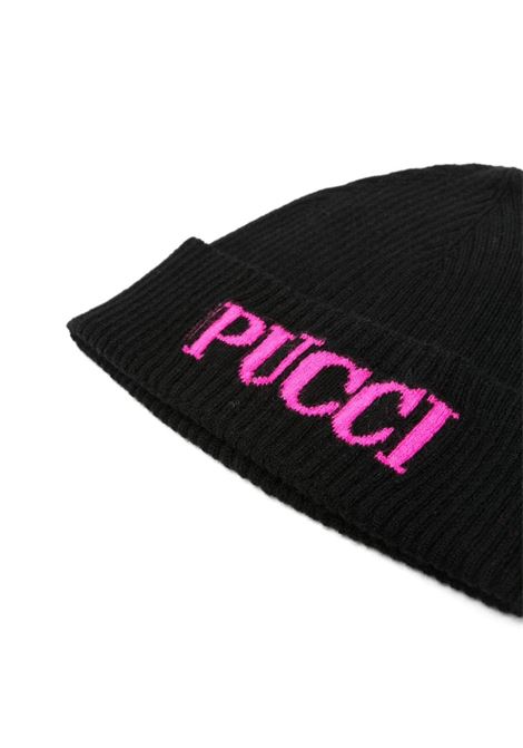 Black Ribbed Beanie With Fuchsia Logo EMILIO PUCCI JUNIOR | PV0A87-Z2362930