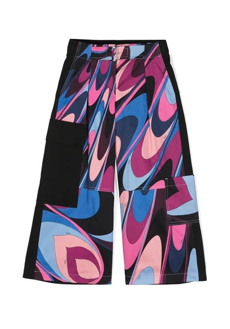 Black Wide Cargo Trousers With Wave Front Print EMILIO PUCCI JUNIOR | PV6B20-G0153999VI