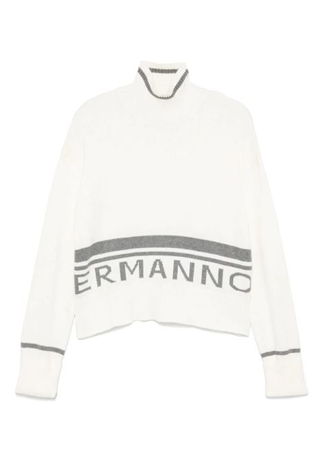 ERMANNO SCERVINO JUNIOR Maglione a Collo Alto Bianco Con Logo e Righe In Grigio - ERMANNO SCERVINO JUNIOR