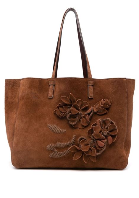 ERMANNO SCERVINO Shopping Bag In Camoscio Marrone Con Fiori Applicati - ERMANNO SCERVINO