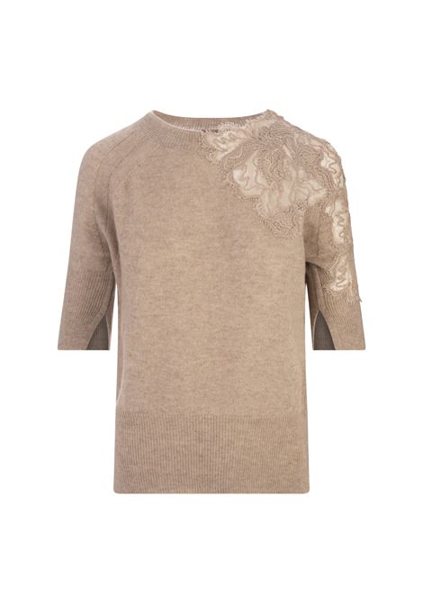 T-Shirt In Cashmere Sabbia Con Inserto In Pizzo ERMANNO SCERVINO | D455L318APPYUM1507