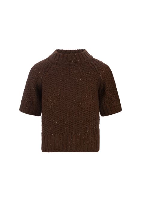 Brown Crop Short Sleeve Sweater With Crystals ERMANNO SCERVINO | D455L321CTJZW91241