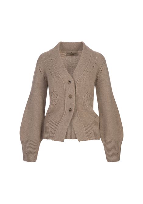 ERMANNO SCERVINO Cardigan In Cashmere Marrone Con Punto Smock - ERMANNO SCERVINO