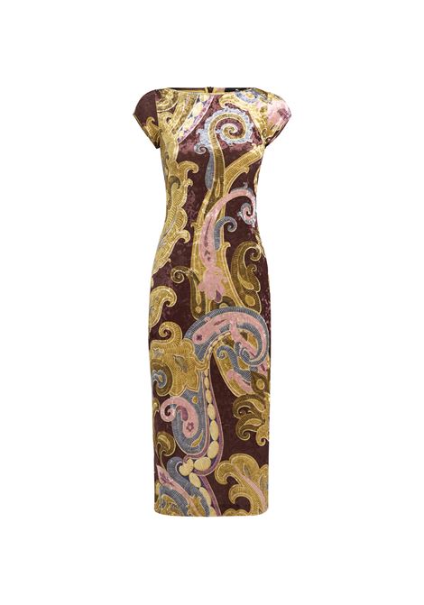 ETRO Abito Midi In Ciniglia Stampata Bordeaux - ETRO