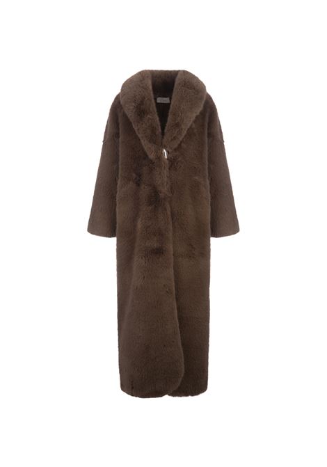 Long Brown Faux Fur Coat With Brooch GIUSEPPE DI MORABITO | 03PFCO041-0333330