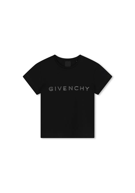 T-Shirt Nera Con Logo Di Strass GIVENCHY KIDS | H3042909B