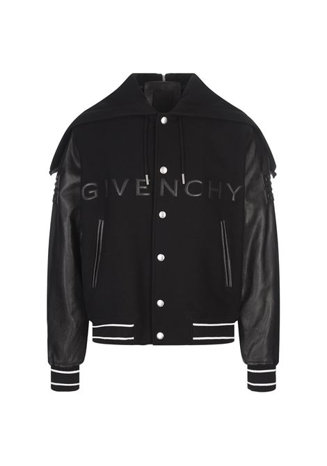 Black Wool and Leather Hooded Bomber Jacket GIVENCHY | BM00XX6Y16001