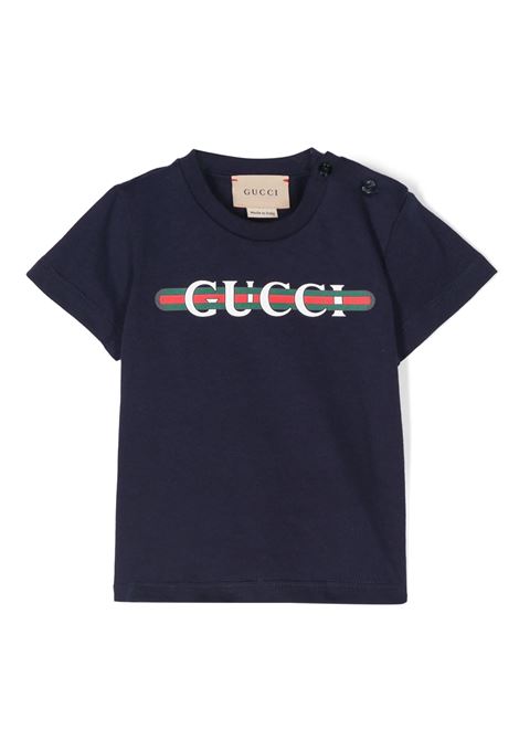 T-Shirt Blu Scuro Con Stampa Gucci Web GUCCI KIDS | 548034-XJGPI4392