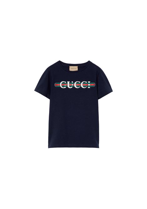 T-Shirt Blu Scuro Con Stampa Gucci Web GUCCI KIDS | 561651-XJGPI4392