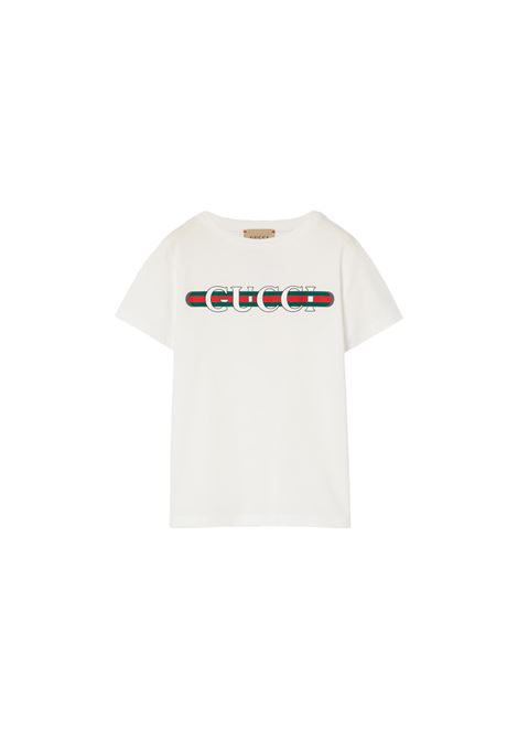T-Shirt Avorio Con Stampa Gucci Web GUCCI KIDS | 561651-XJGPI9214