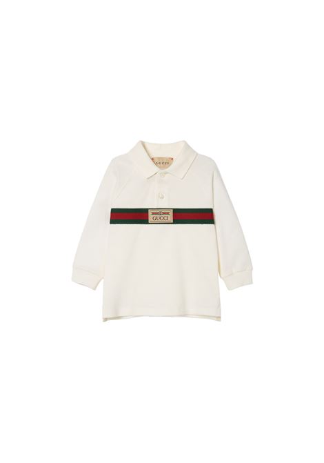 Ivory Oversize Polo Shirt With Logo and Web Ribbon GUCCI KIDS | 787505-XJF3F9791