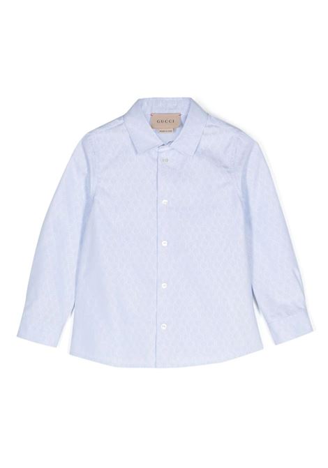 Camicia In Cotone Celeste Con Motivo Gucci All-Over GUCCI KIDS | 791255-XWA2D4421