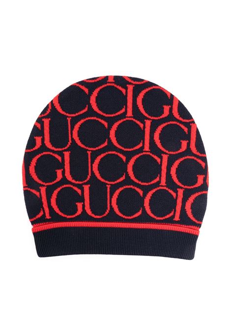 GUCCI KIDS Beanie Jacquard In Lana Gucci Blu Scuro e Rosso - GUCCI KIDS