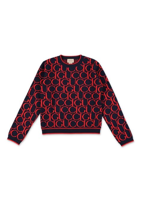 Maglione Jacquard In Lana Gucci Blu Scuro e Rosso GUCCI KIDS | 793234-XKD6I4025