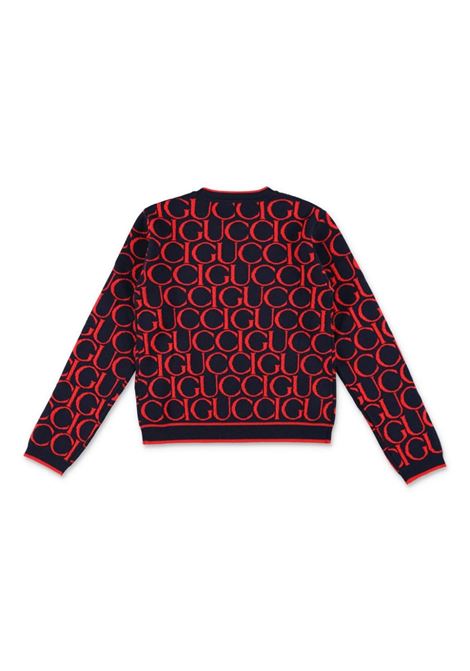 Maglione Jacquard In Lana Gucci Blu Scuro e Rosso GUCCI KIDS | 793234-XKD6I4025