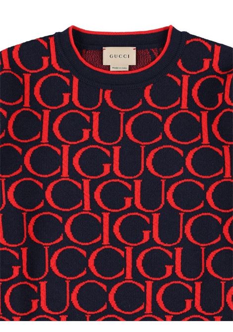 Gucci Jacquard Wool Sweater in Dark Blue and Red GUCCI KIDS | 793234-XKD6I4025