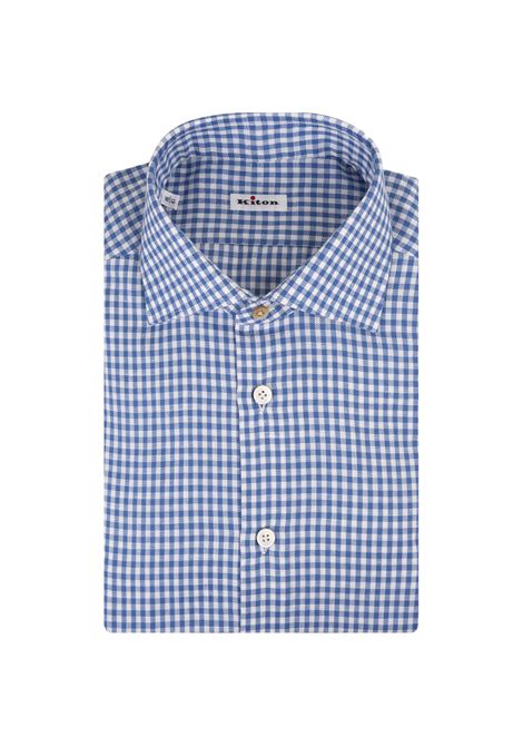 KITON Camicia In Popeline a Quadretti Bianca e Blu - KITON