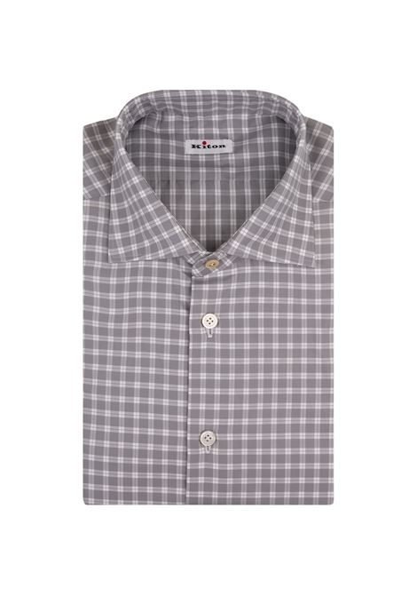 KITON Camicia In Popeline a Quadretti Bianca e Grigia - KITON