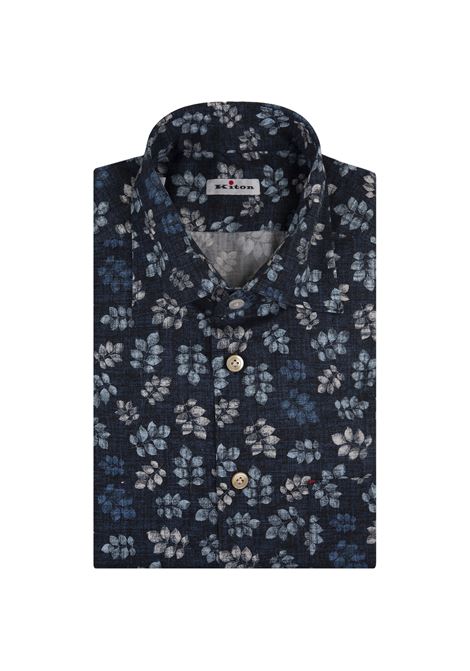 Camicia Blu Navy Con Pattern Foglie All-Over KITON | UMCNERH0909005/000