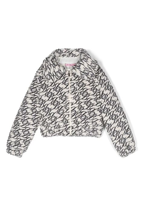 White Faux Fur Jacket With Black Monogram Motif MISS BLUMARINE KIDS | IF4039E091503M11