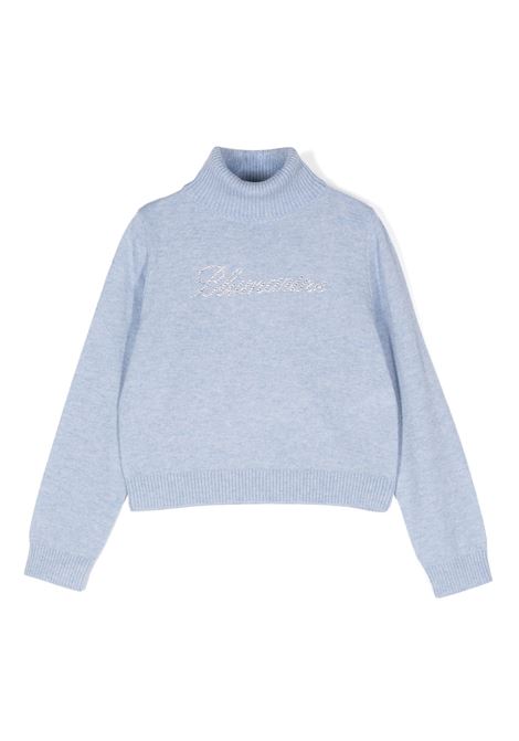 Light Blue Turtleneck Sweater With Rhinestone Logo MISS BLUMARINE KIDS | IF4135MS020X0605