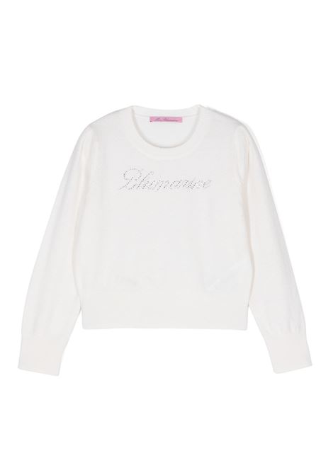 MISS BLUMARINE KIDS Maglione Bianco Con Logo Di Strass - MISS BLUMARINE KIDS