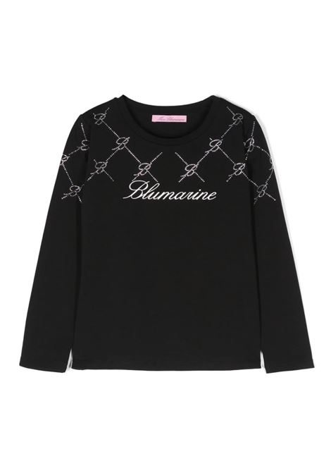 MISS BLUMARINE KIDS T-Shirt Nera Con Logo Di Strass e Motivo Monogram - MISS BLUMARINE KIDS