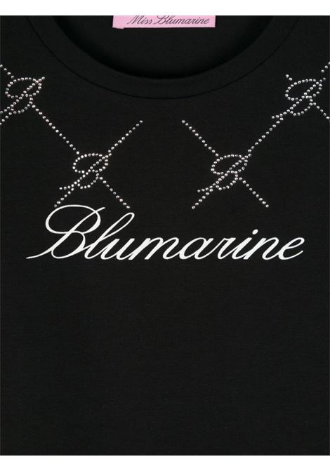 T-Shirt Nera Con Logo Di Strass e Motivo Monogram MISS BLUMARINE KIDS | IF4140J008822222