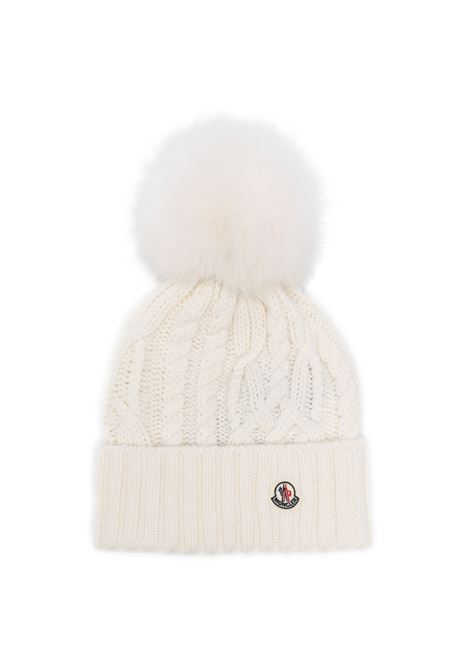 MONCLER Berretto Bianco In Lana e Cashmere Con Pompon - MONCLER