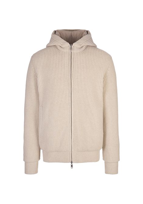 Reversible Zip-Up Hoodie In Light Beige Wool Blend MONCLER | 9B000-35 M4281215