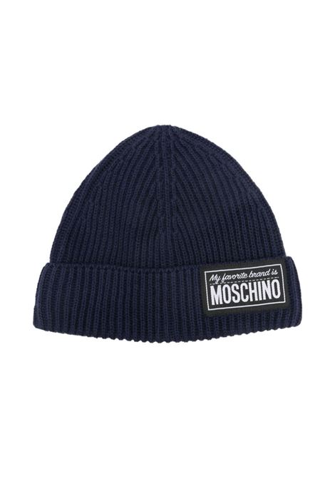 Blue Ribbed Beanie With Logo Patch MOSCHINO KIDS | HUX02ILHE6640016