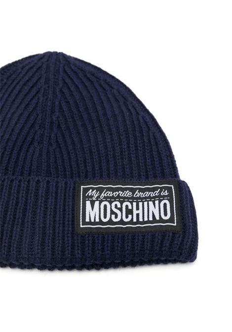 Blue Ribbed Beanie With Logo Patch MOSCHINO KIDS | HUX02ILHE6640016