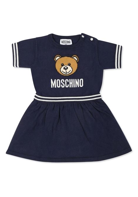 Blue Knitted Dress with Logo and Stripes MOSCHINO KIDS | MDV0B0LHE4340016