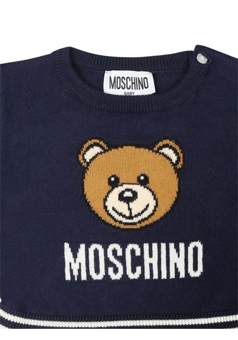 Blue Knitted Dress with Logo and Stripes MOSCHINO KIDS | MDV0B0LHE4340016