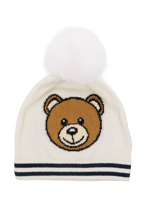 White Tricot Beanie with Pompon and Teddy Bear MOSCHINO KIDS | MUX04WLHE4310063