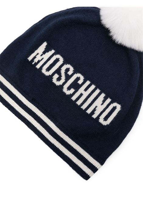 Berretto In Tricot Blu Con Pompon e Teddy Bear MOSCHINO KIDS | MUX04WLHE4340016