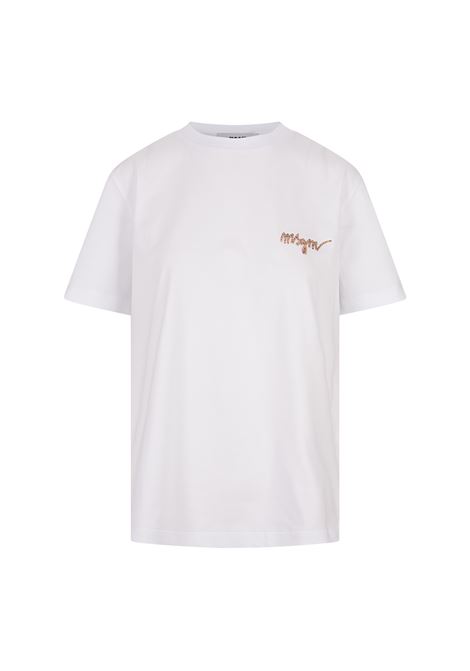 MSGM T-Shirt Bianca Con Logo Corsivo Ricamato Multicolore - MSGM