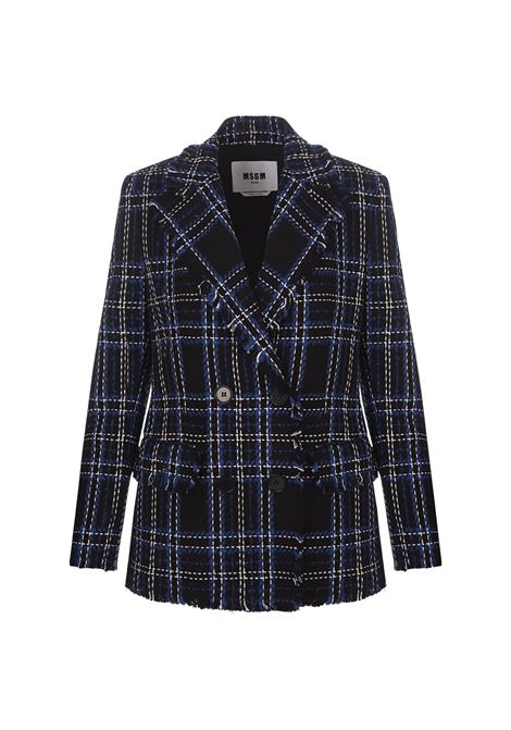 MSGM Blazer Doppiopetto In Tweed Blu Con Fantasia Maxi Check - MSGM