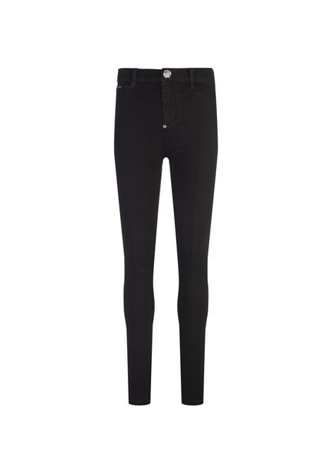 PHILIPP PLEIN Pantaloni Jegging Hexagon a Vita Alta In Denim Nero - PHILIPP PLEIN