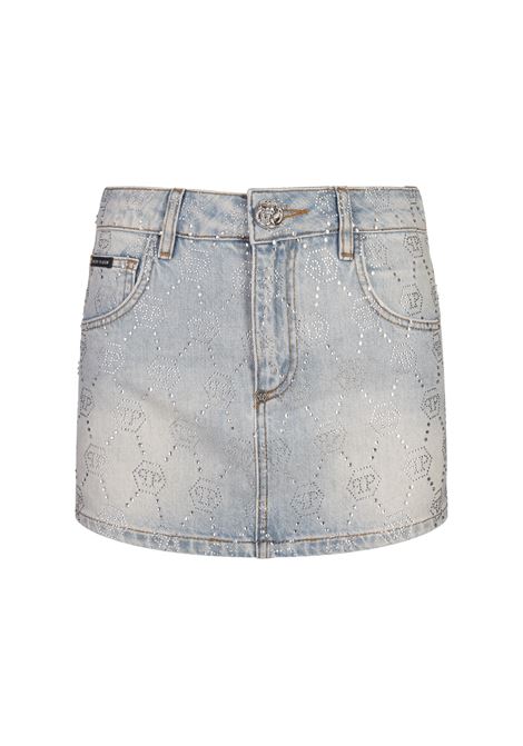 Minigonna In Denim Con Motivo Monogramma Di Strass PHILIPP PLEIN | AADCWDV0195PDE004N07GR