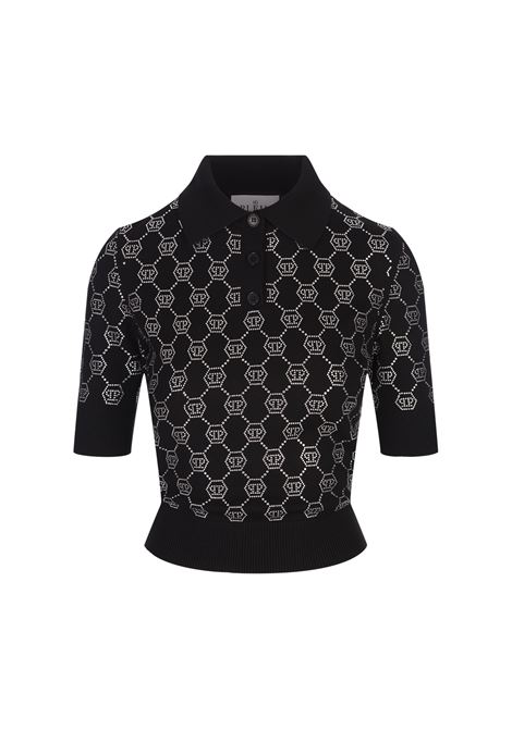 Black Knitted Strass Polo-Neck SS Monogram PHILIPP PLEIN | AADCWKK0286PKN002N02