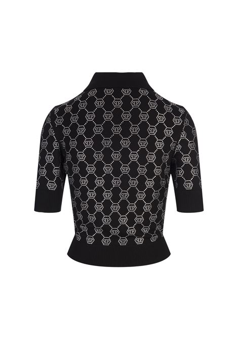 Polo In Maglia Nera Con Monogram Di Strass PHILIPP PLEIN | AADCWKK0286PKN002N02