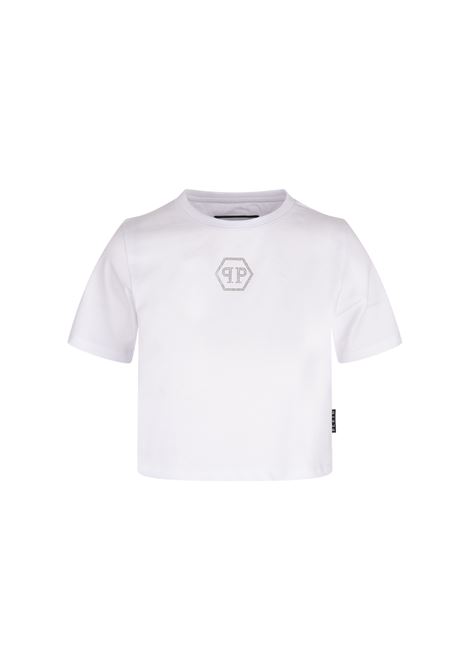 Crystal Hexagon Round Neck SS T-Shirt In White PHILIPP PLEIN | AADCWTK3407PTE003N01