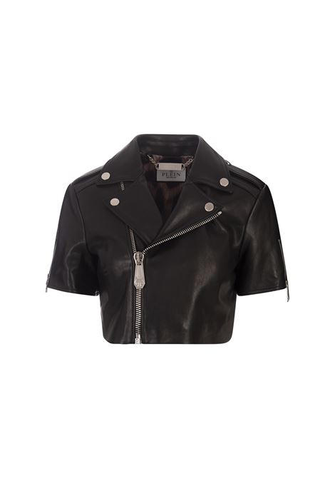 Black Leather Cropped Biker Short Sleeve Jacket PHILIPP PLEIN | FADCWLB1091PLE010N02