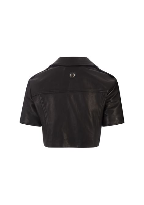 Black Leather Cropped Biker Short Sleeve Jacket PHILIPP PLEIN | FADCWLB1091PLE010N02